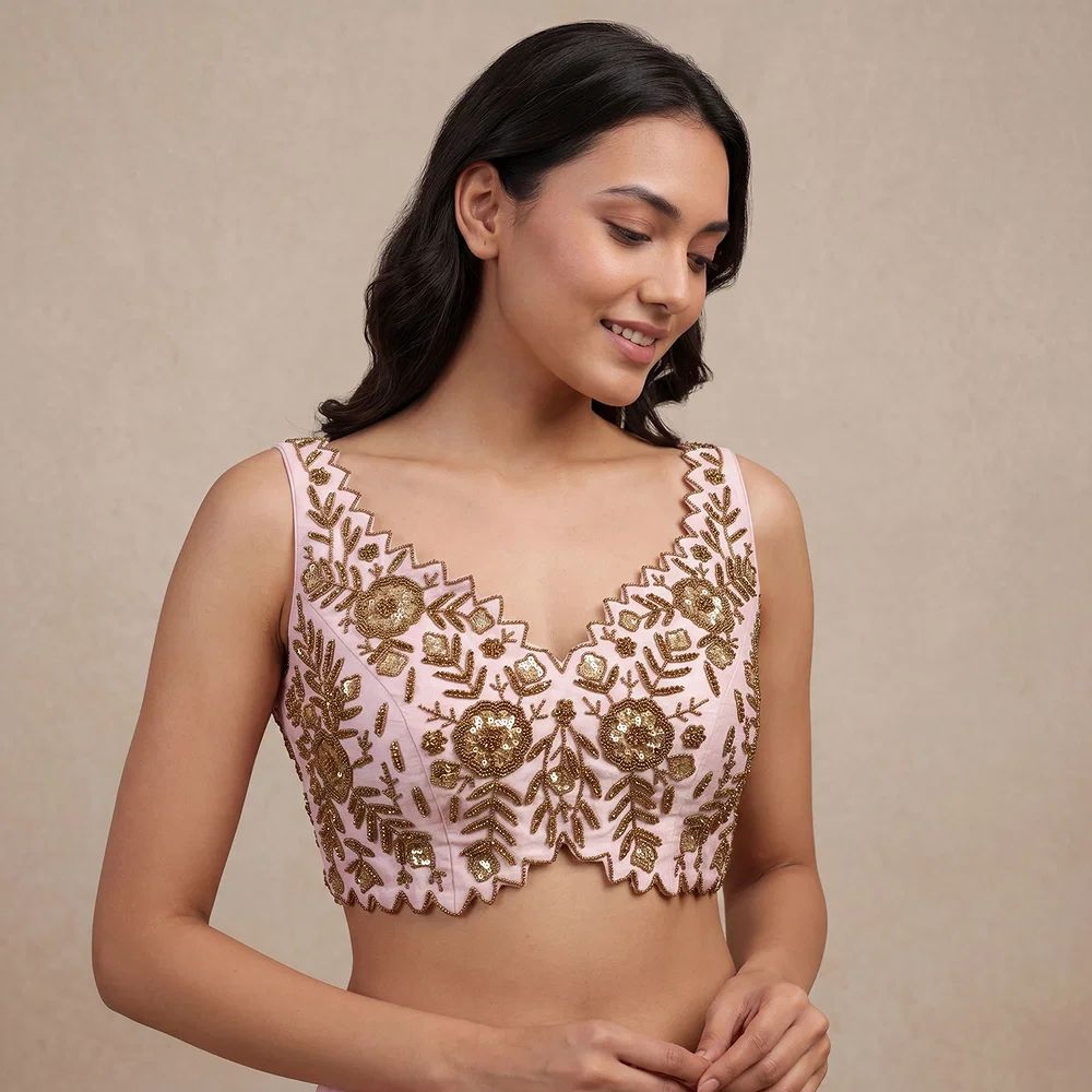 Zardosi Handwork Baby Pink Raw Silk Partywear Blouse — view 1