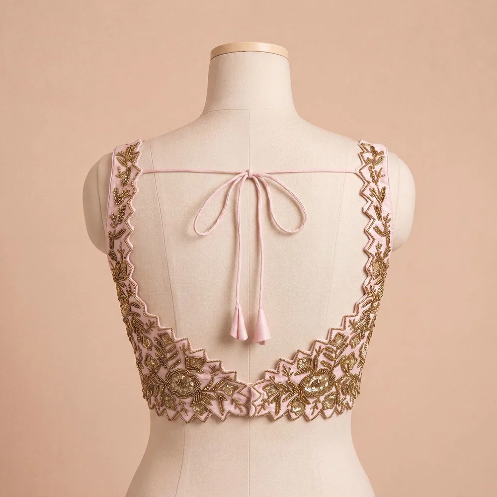 Zardosi Handwork Baby Pink Raw Silk Partywear Blouse — view 4