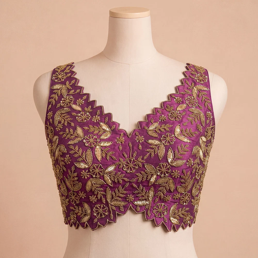 Zardosi Handwork Purple Raw Silk Partywear Blouse — view 4