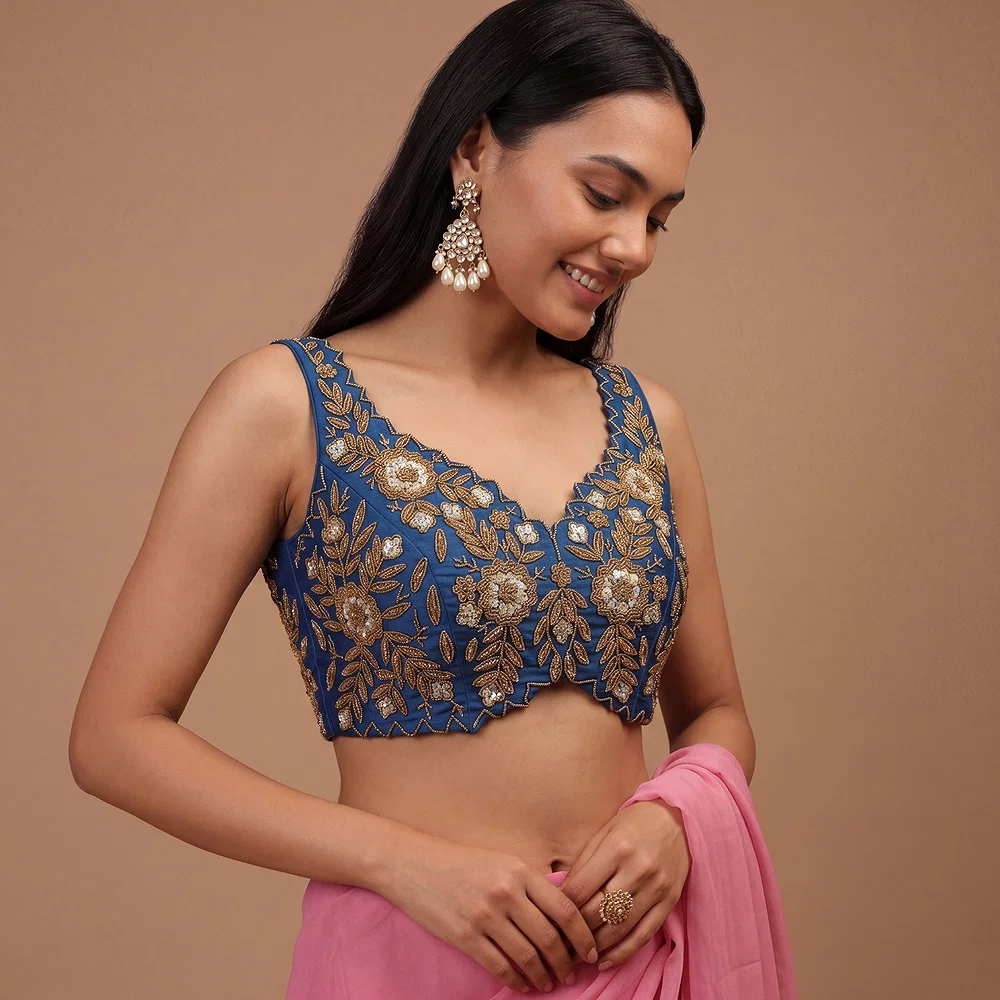 Zardosi Handwork Morpich Raw Silk Partywear Blouse — view 1