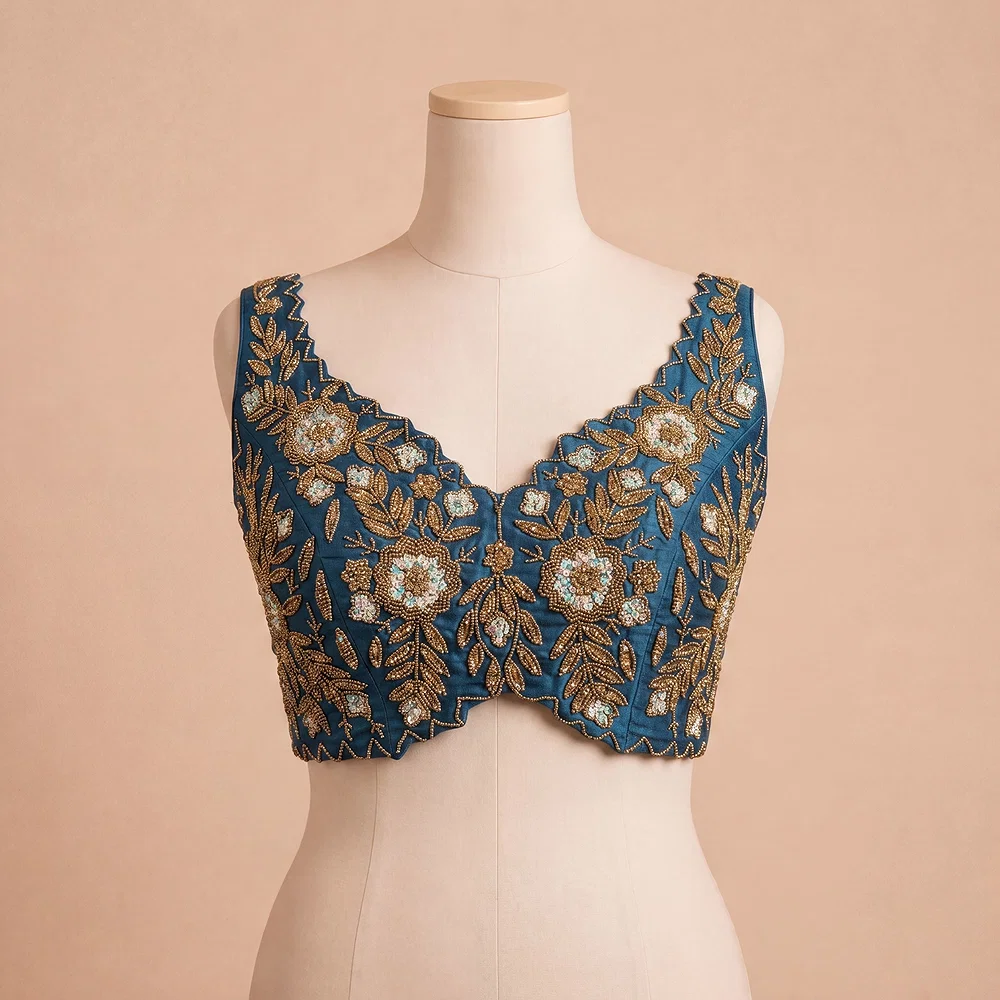 Zardosi Handwork Morpich Raw Silk Partywear Blouse — view 2
