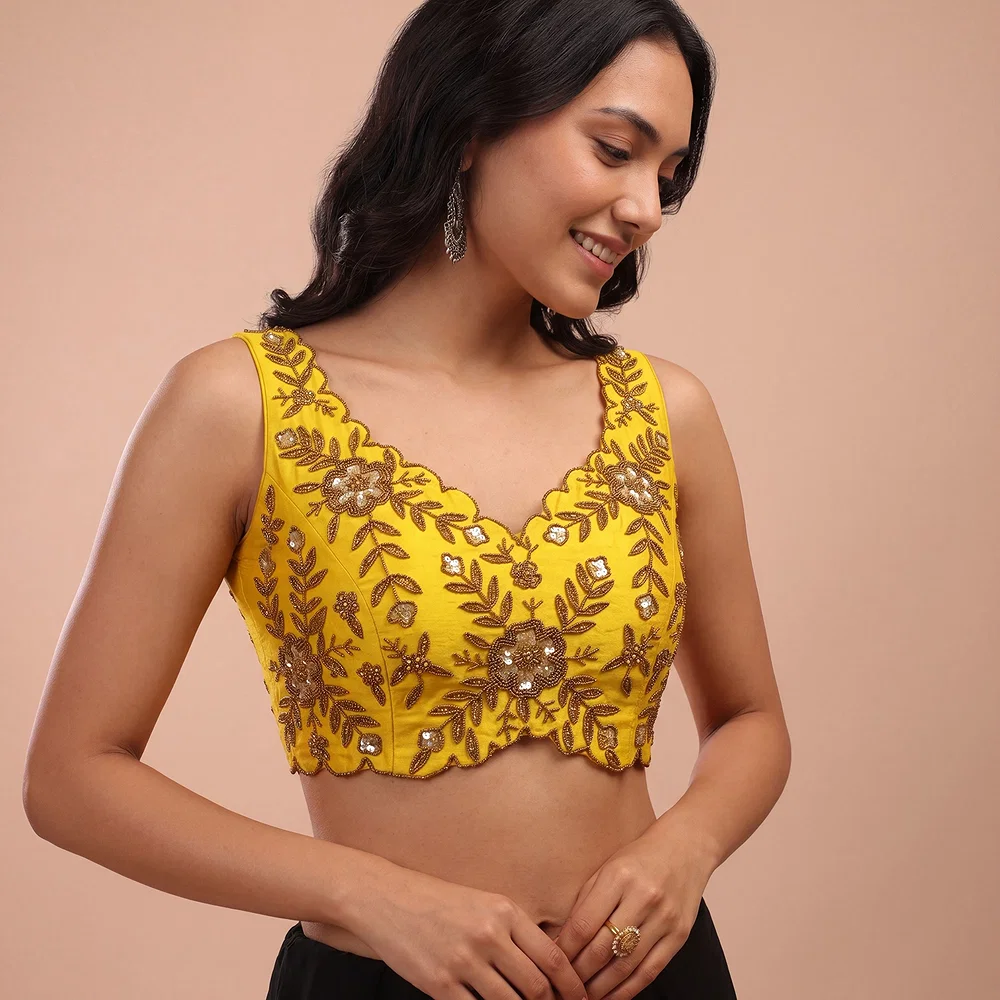 Zardosi Handwork Yellow Raw Silk Partywear Blouse — view 1