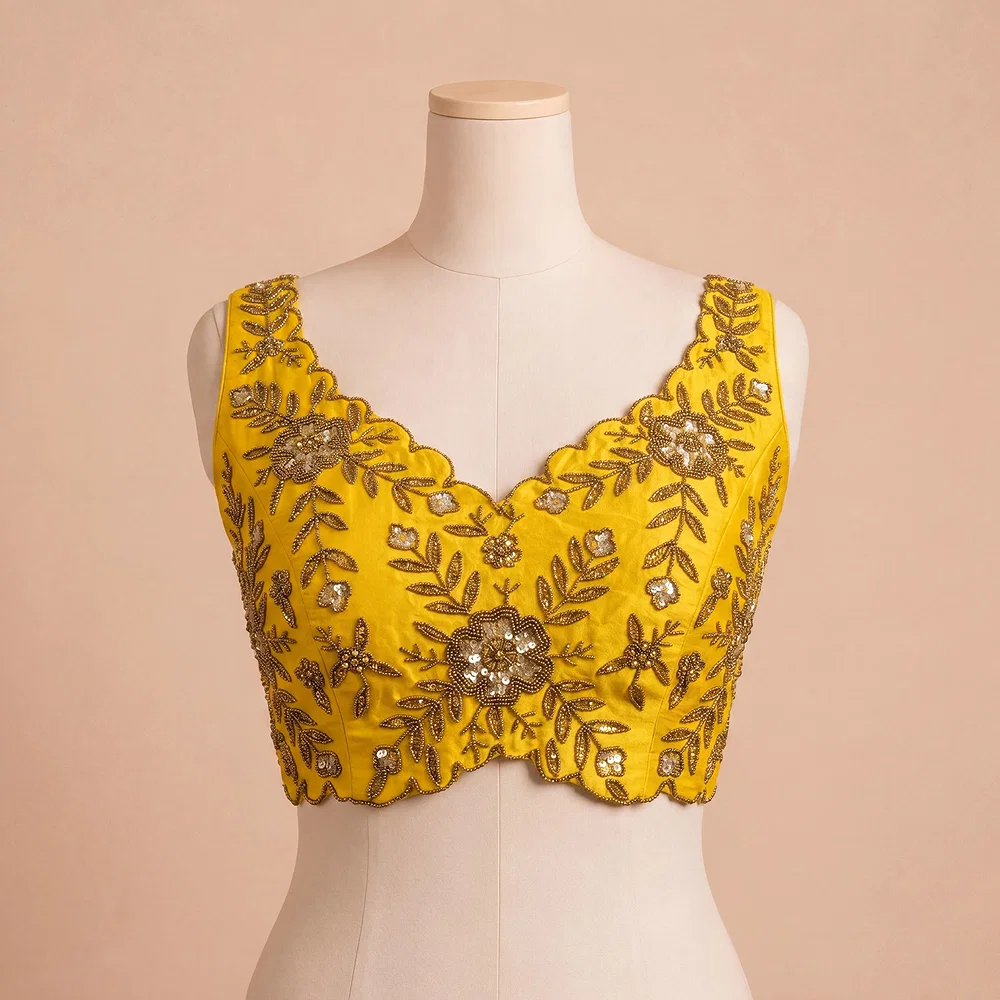Zardosi Handwork Yellow Raw Silk Partywear Blouse — view 2