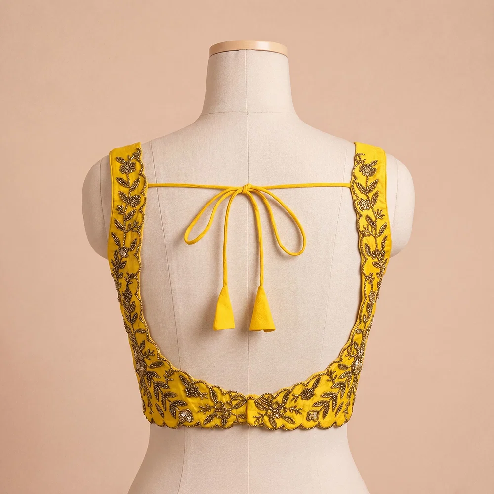 Zardosi Handwork Yellow Raw Silk Partywear Blouse — view 4