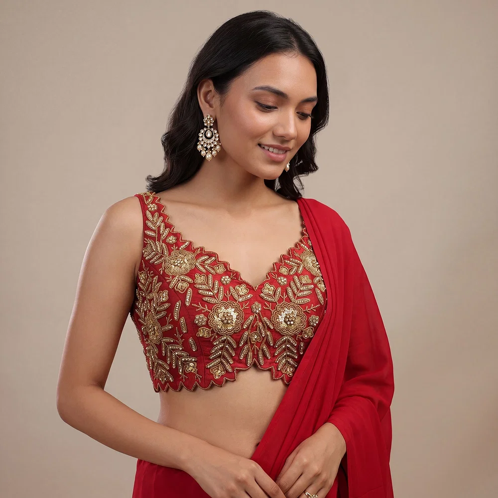 Zardosi Handwork Red Raw Silk Partywear Blouse — view 1