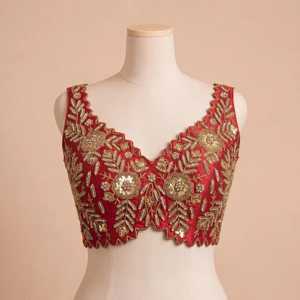 Zardosi Handwork Red Raw Silk Partywear Blouse — view 2