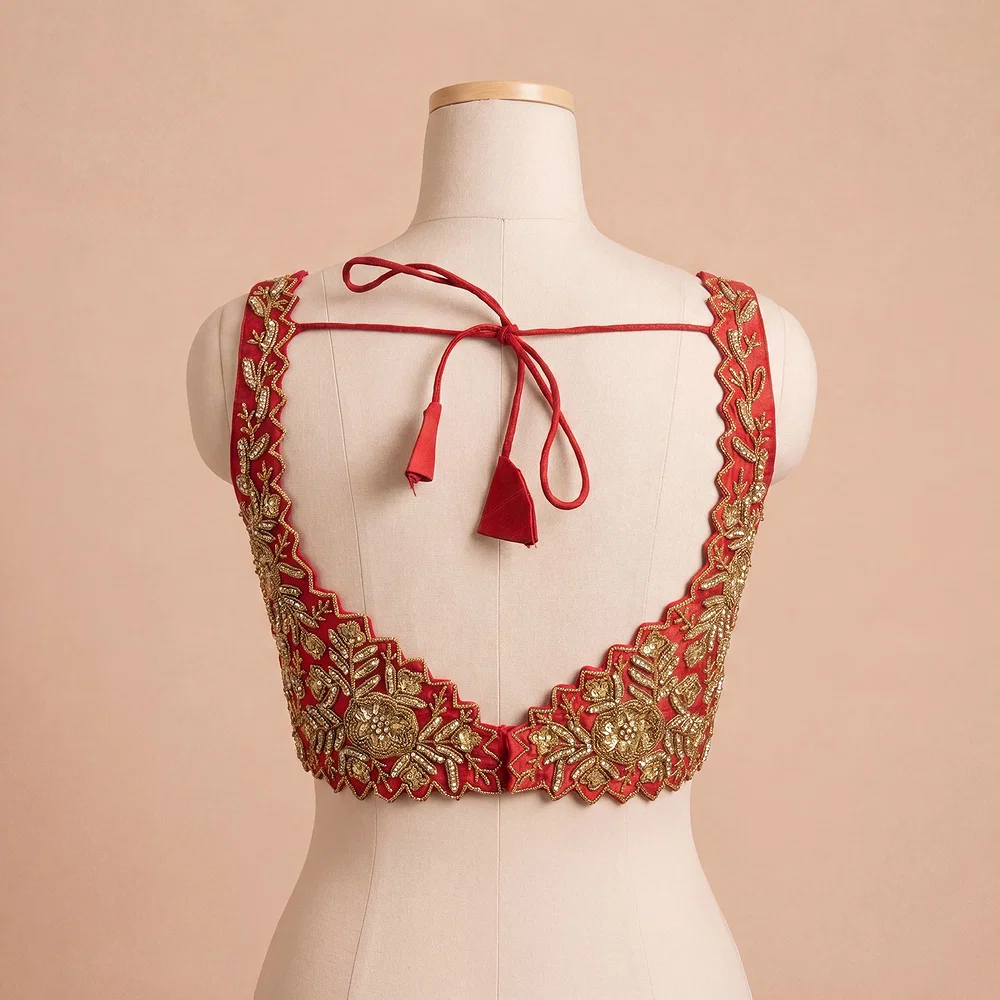 Zardosi Handwork Red Raw Silk Partywear Blouse — view 4