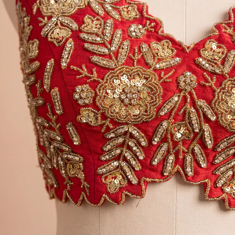 Zardosi Handwork Red Raw Silk Partywear Blouse — view 3