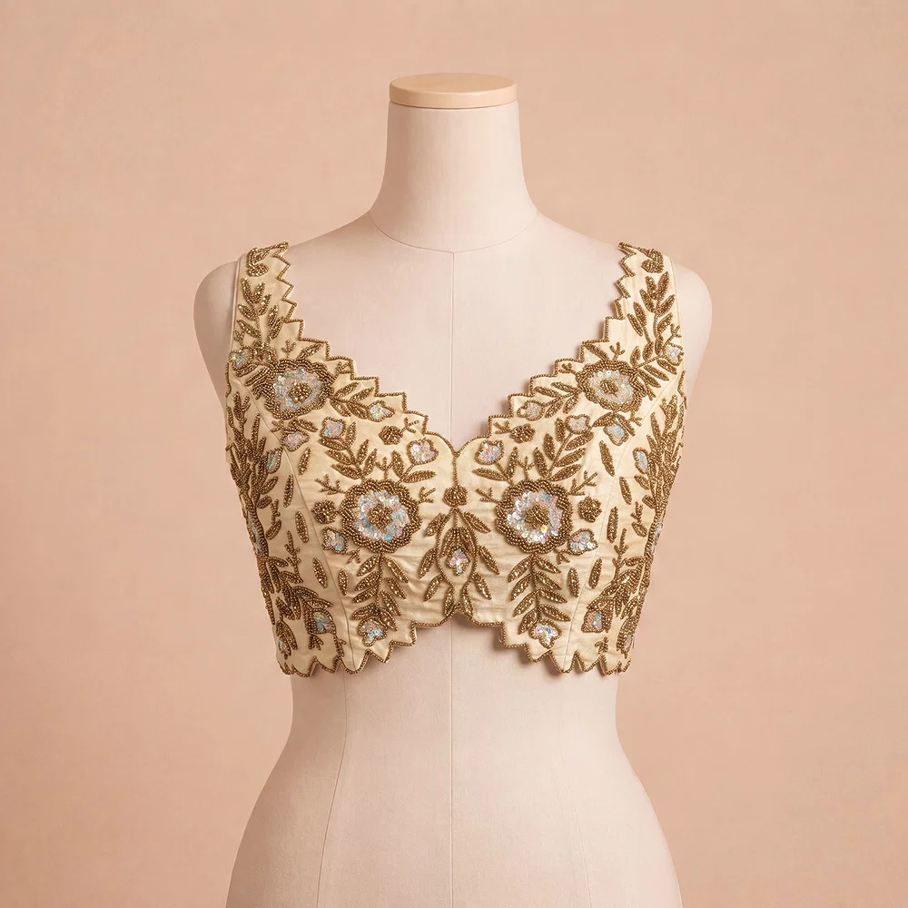 Zardosi Handwork Cream Raw Silk Partywear Blouse — view 2
