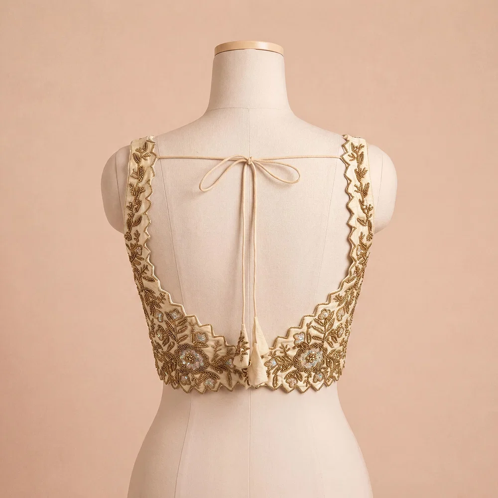 Zardosi Handwork Cream Raw Silk Partywear Blouse — view 4
