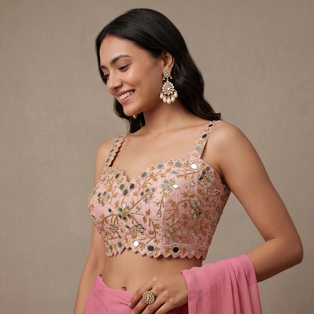 Pink Zardosi And Mirror Handwork Premium Silk Partywear Blouse — view 1