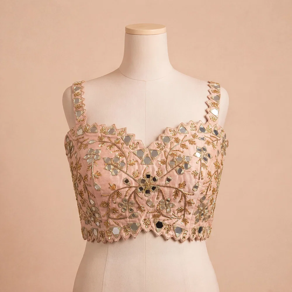 Pink Zardosi And Mirror Handwork Premium Silk Partywear Blouse — view 4