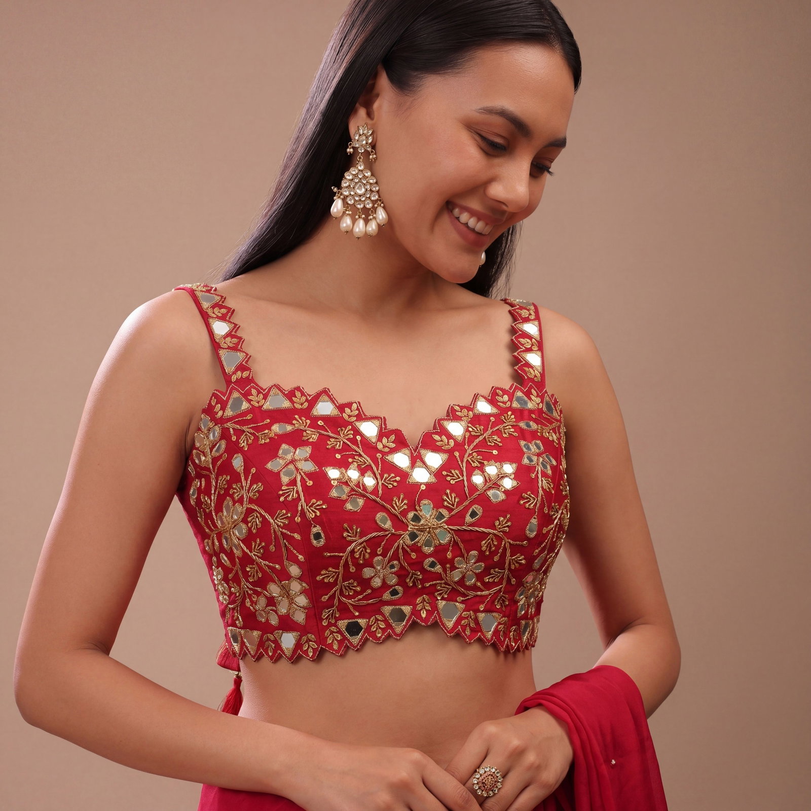 Red Zardosi And Mirror Handwork Premium Silk Partywear Blouse