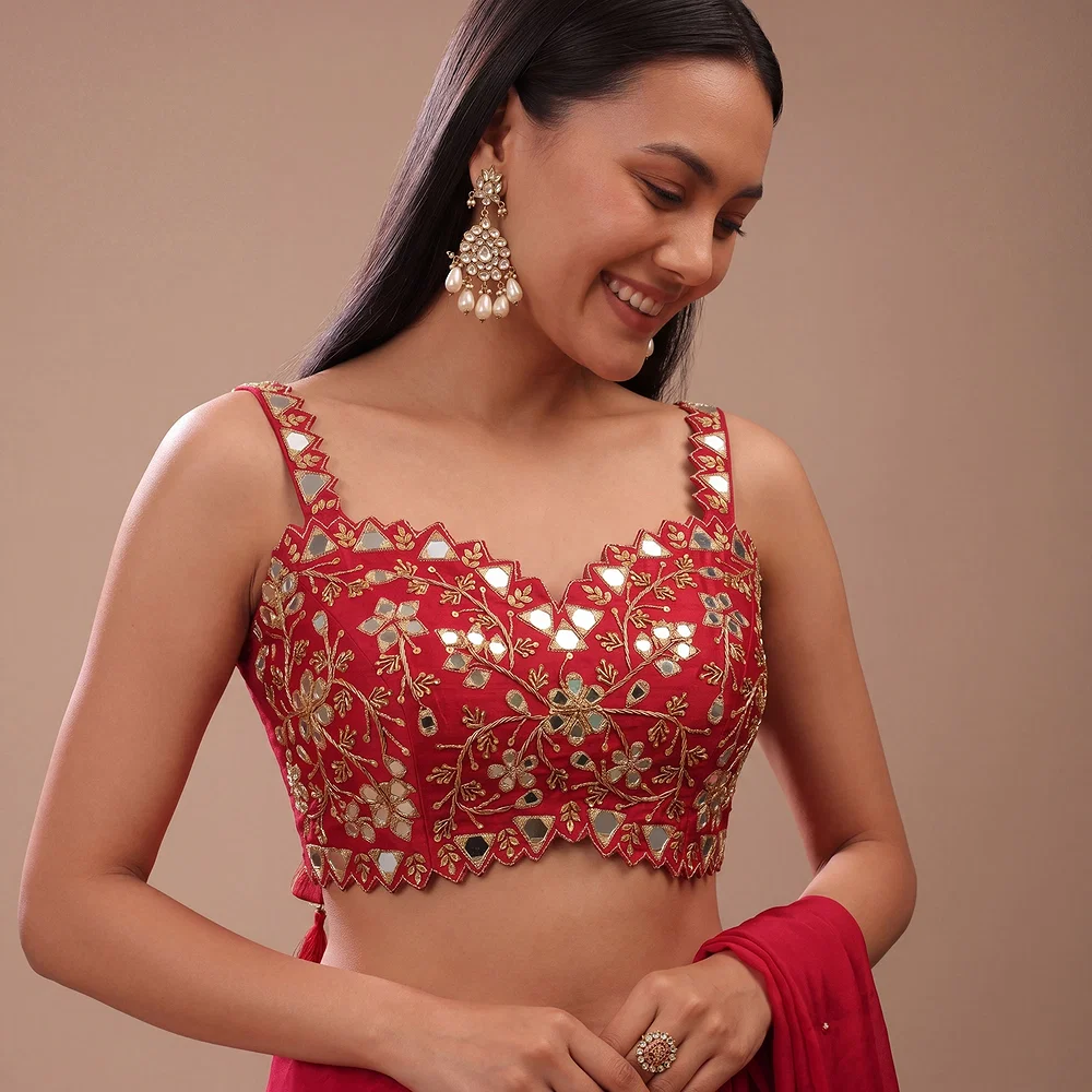 Red Zardosi And Mirror Handwork Premium Silk Partywear Blouse — view 1