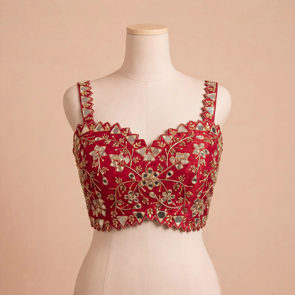 Red Zardosi And Mirror Handwork Premium Silk Partywear Blouse — view 2