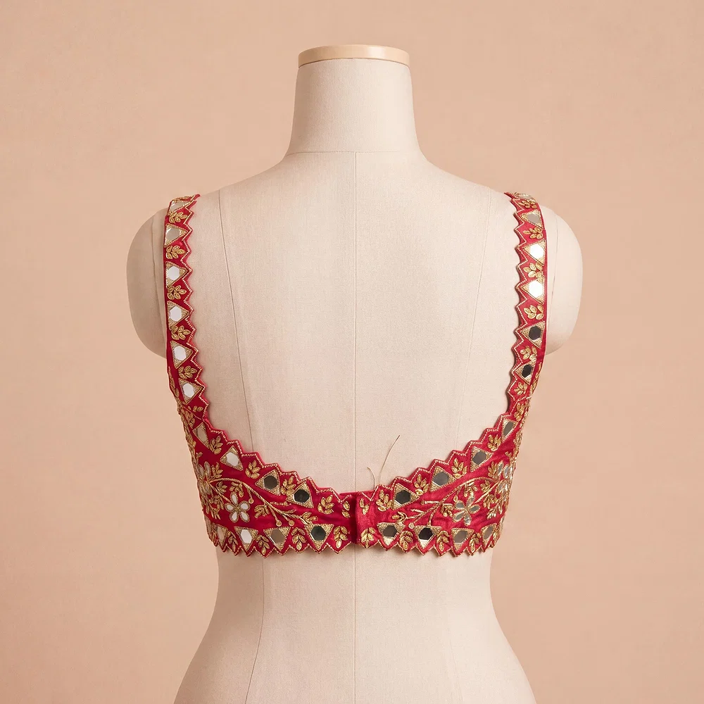 Red Zardosi And Mirror Handwork Premium Silk Partywear Blouse — view 4