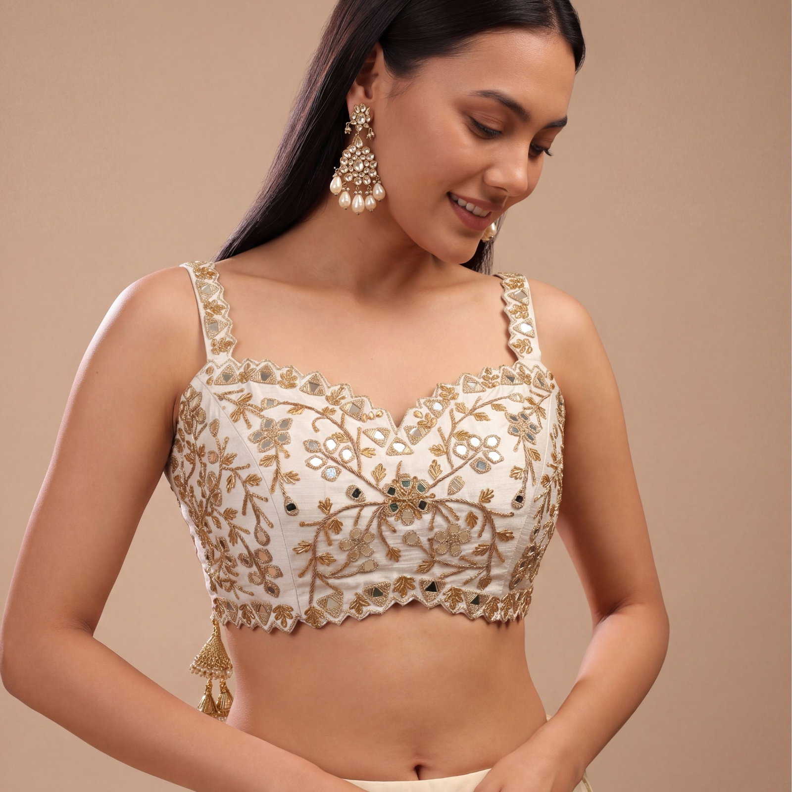 White Zardosi And Mirror Handwork Premium Silk Partywear Blouse