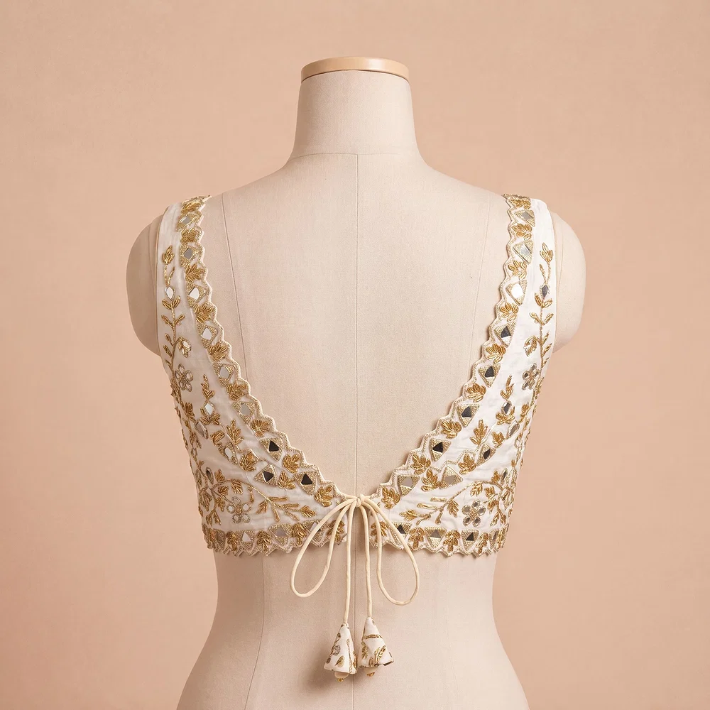 White Zardosi And Mirror Handwork Premium Silk Partywear Blouse — view 4