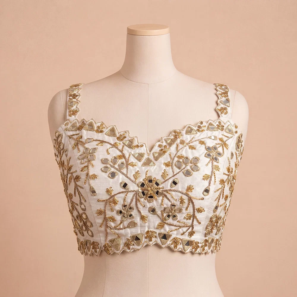 White Zardosi And Mirror Handwork Premium Silk Partywear Blouse — view 2