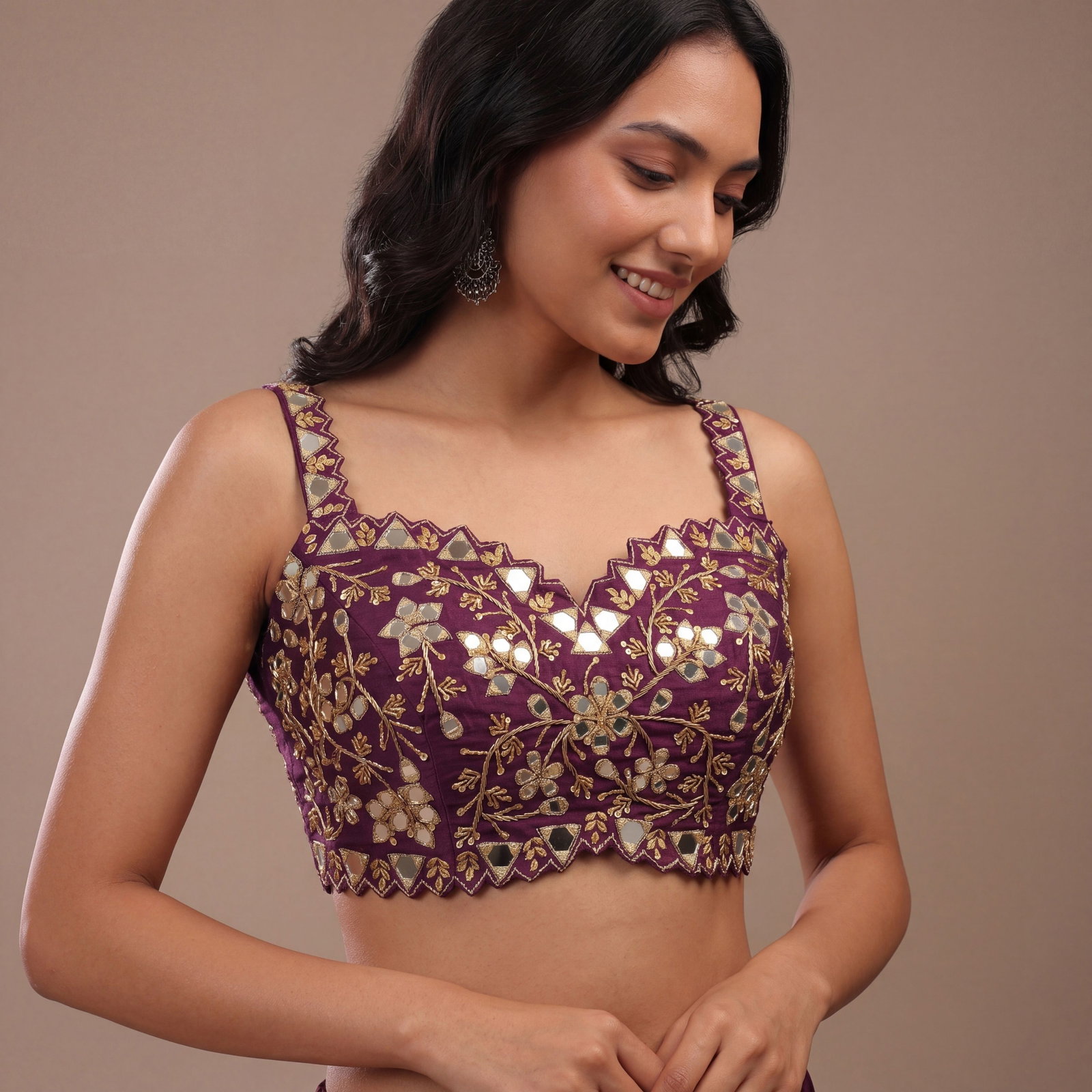 Wine Zardosi And Mirror Handwork Premium Silk Partywear Blouse