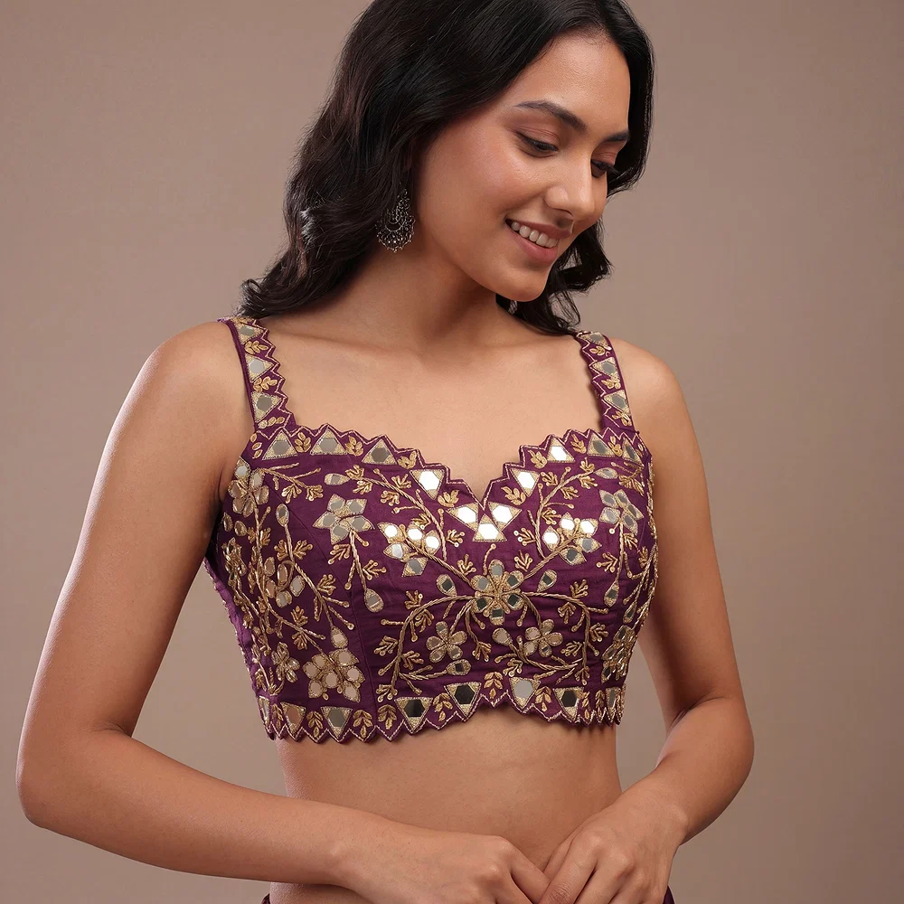 Wine Zardosi And Mirror Handwork Premium Silk Partywear Blouse — view 1
