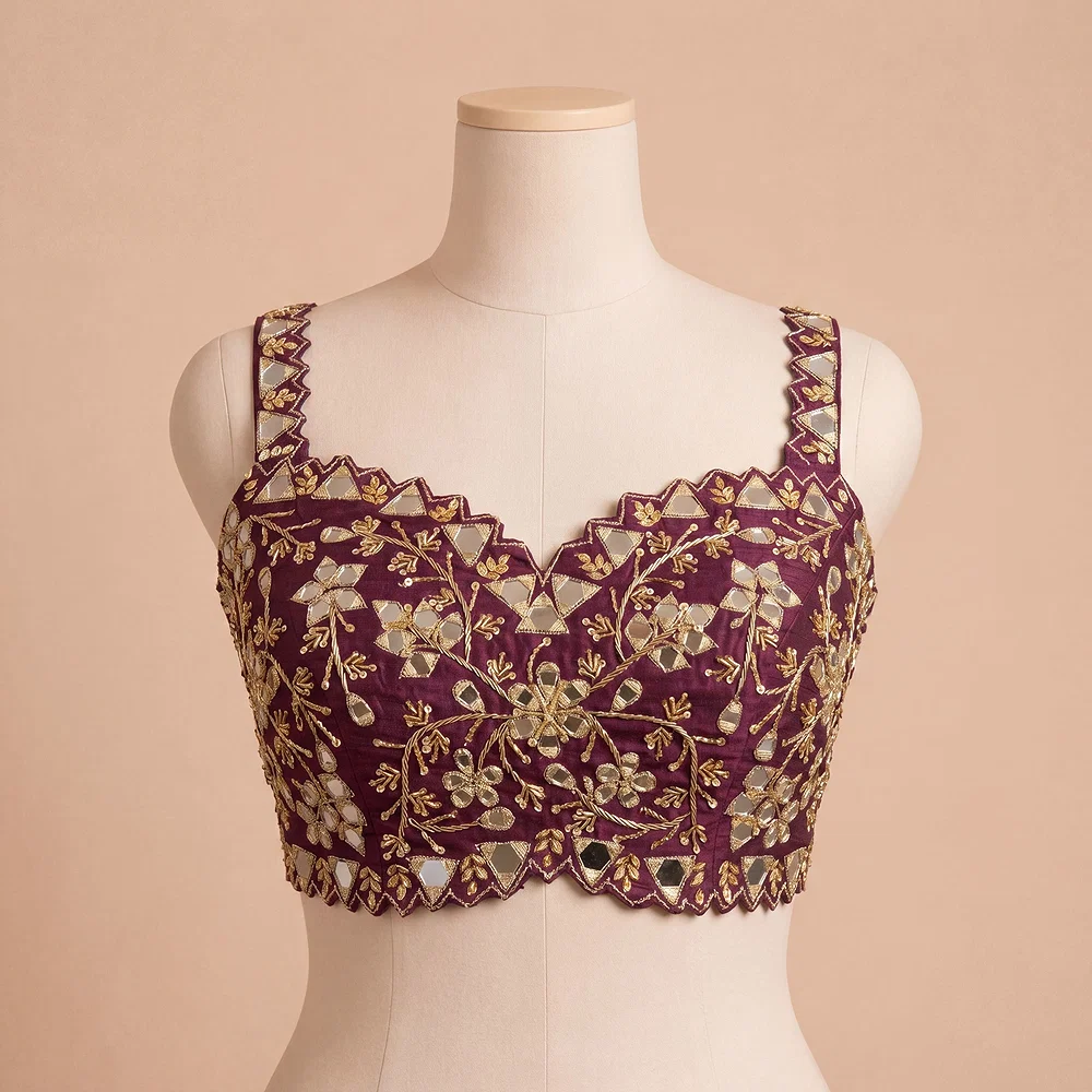 Wine Zardosi And Mirror Handwork Premium Silk Partywear Blouse — view 2