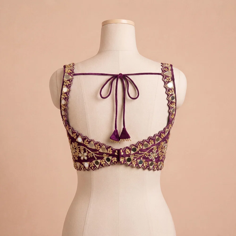 Wine Zardosi And Mirror Handwork Premium Silk Partywear Blouse — view 4