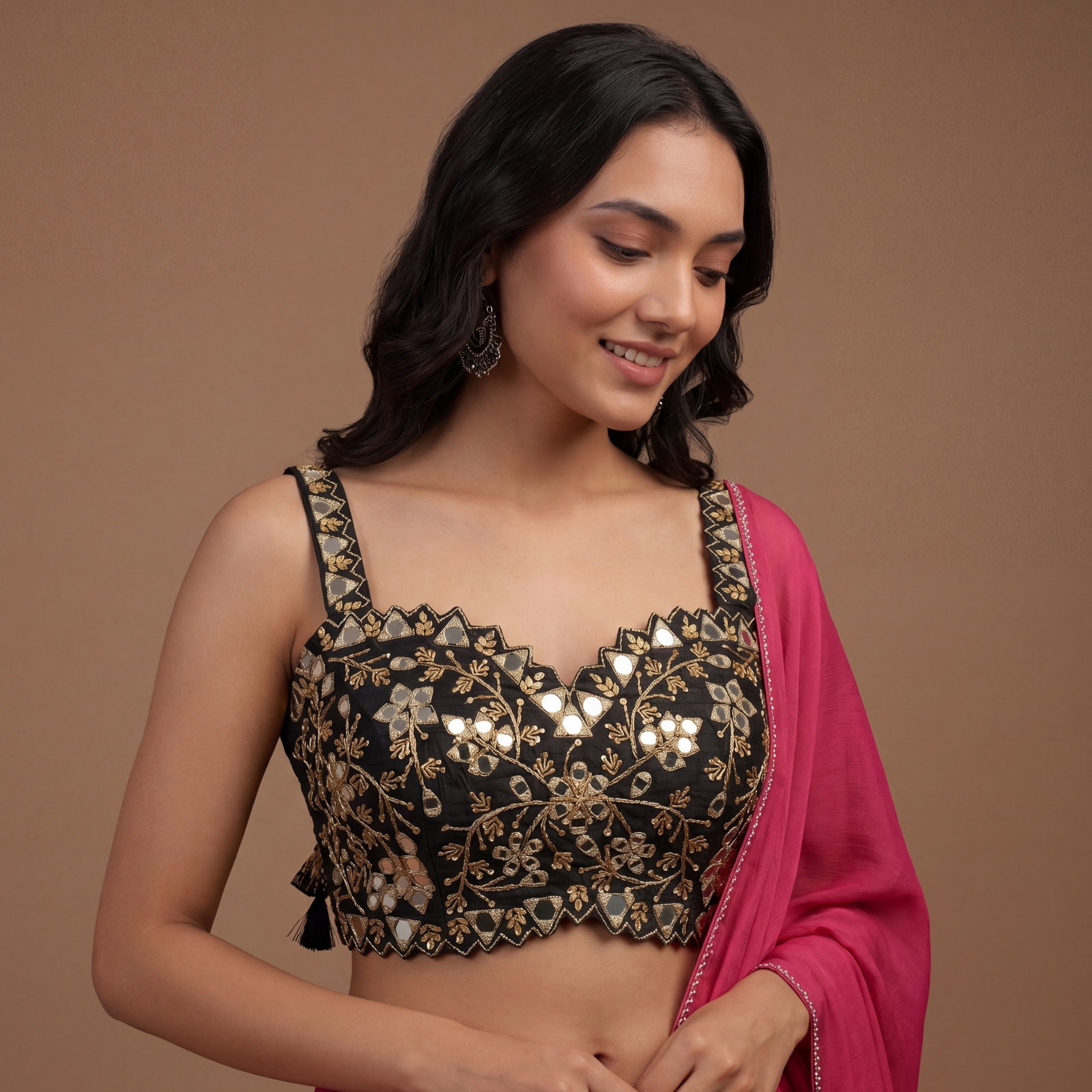 Black Zardosi And Mirror Handwork Premium Silk Partywear Blouse