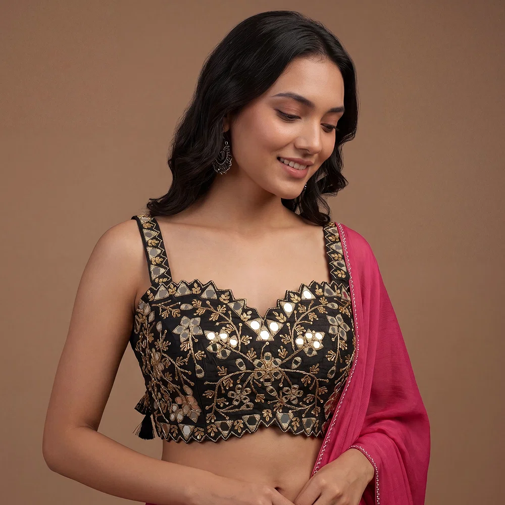 Black Zardosi And Mirror Handwork Premium Silk Partywear Blouse — view 1
