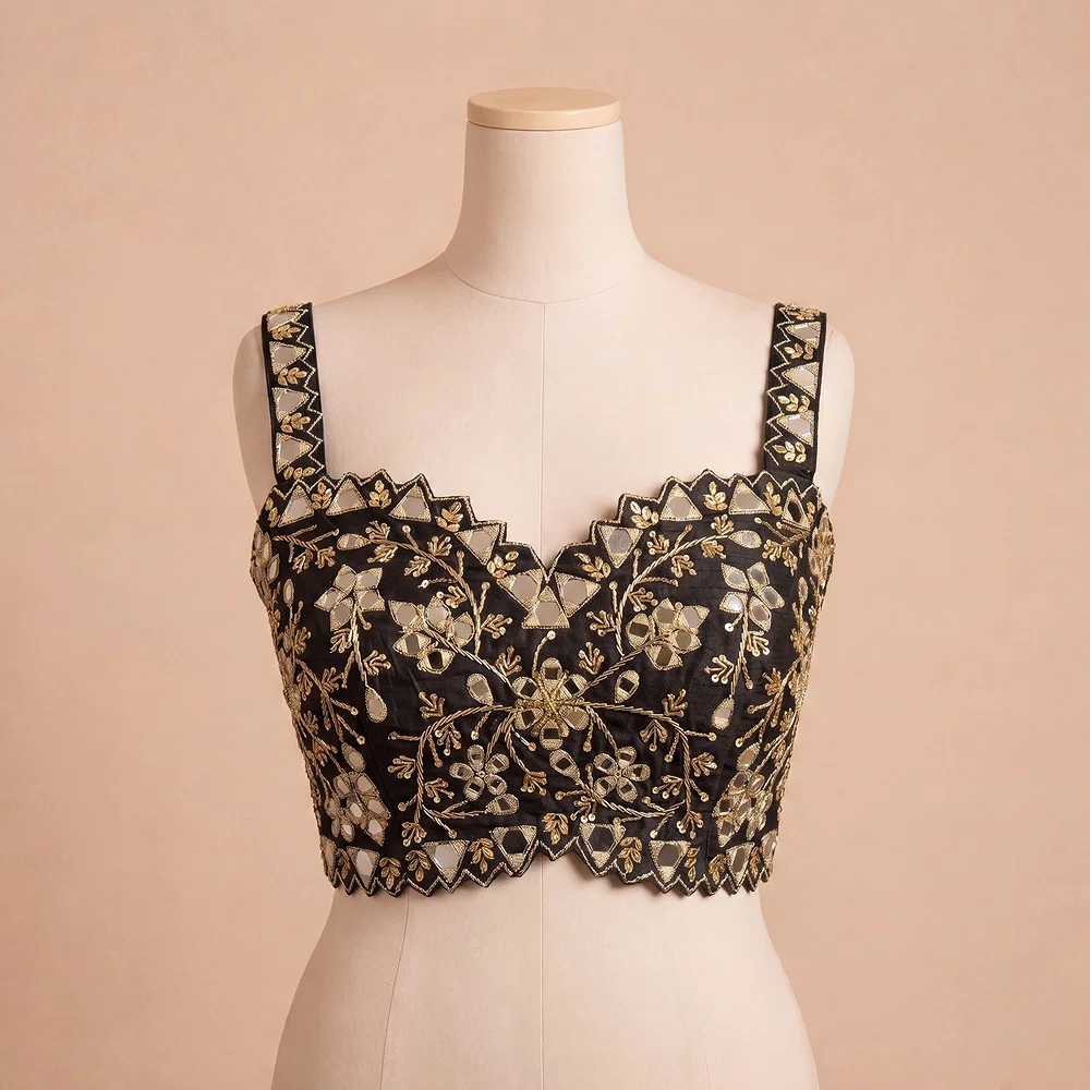 Black Zardosi And Mirror Handwork Premium Silk Partywear Blouse — view 2