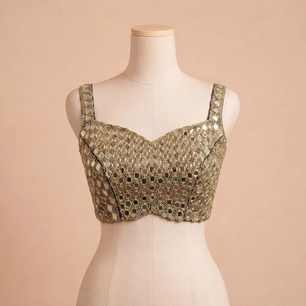 Real Mirror Handwork Green Silk Partywear Blouse — view 2