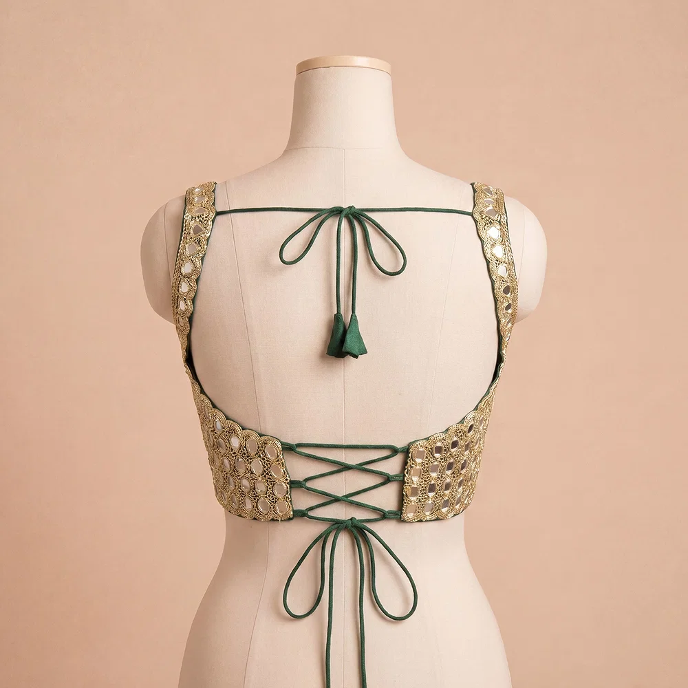 Real Mirror Handwork Green Silk Partywear Blouse — view 3