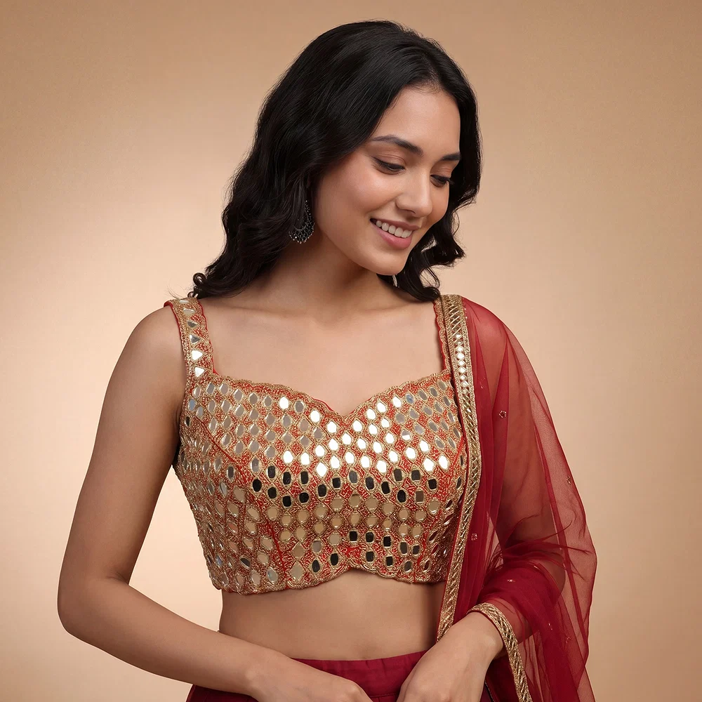 Real Mirror Handwork red Silk Partywear Blouse — view 1