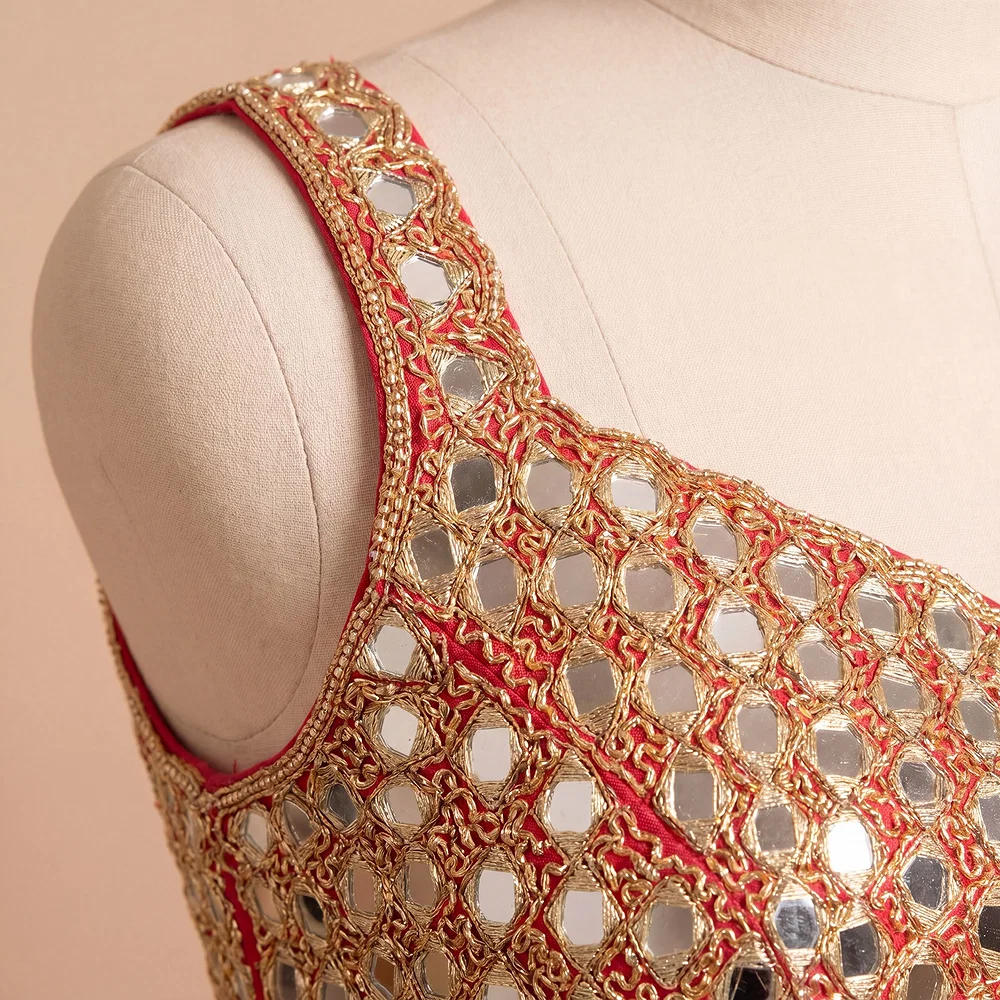 Real Mirror Handwork red Silk Partywear Blouse — view 3