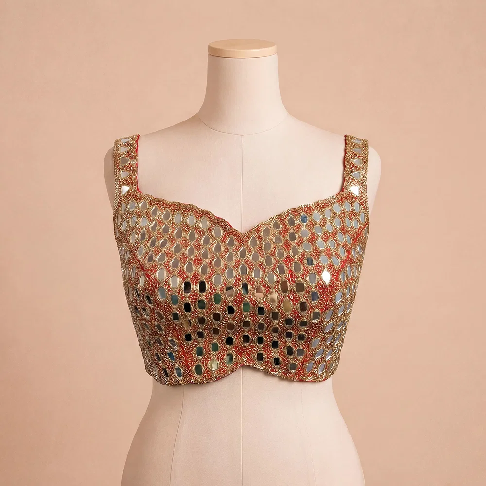 Real Mirror Handwork red Silk Partywear Blouse — view 2