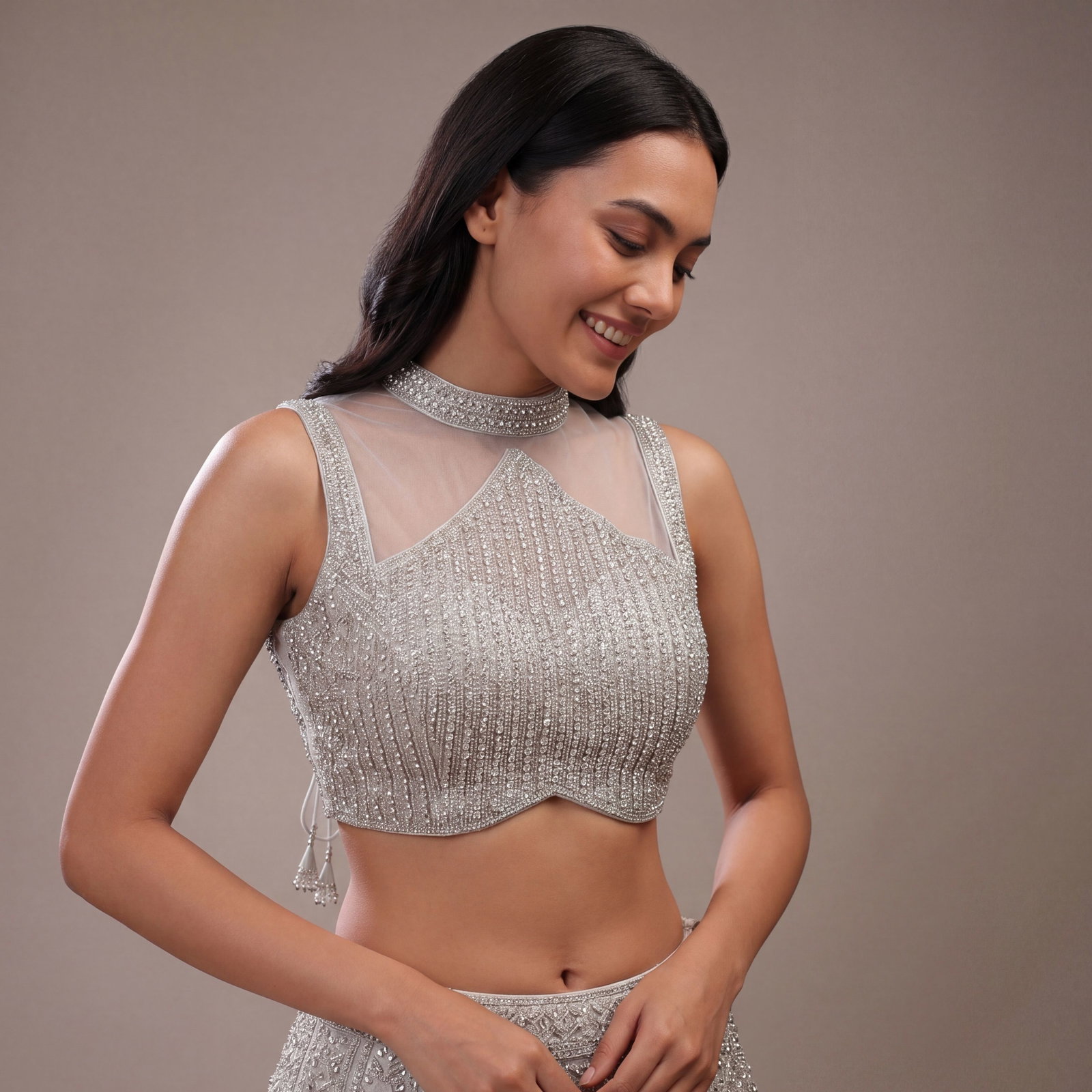 Handwork Net Heavy Silver Moti Blouse Halter Neck Partywear Blouse