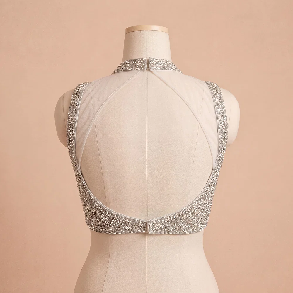 Handwork Net Heavy Silver Moti Blouse Halter Neck Partywear Blouse — view 2