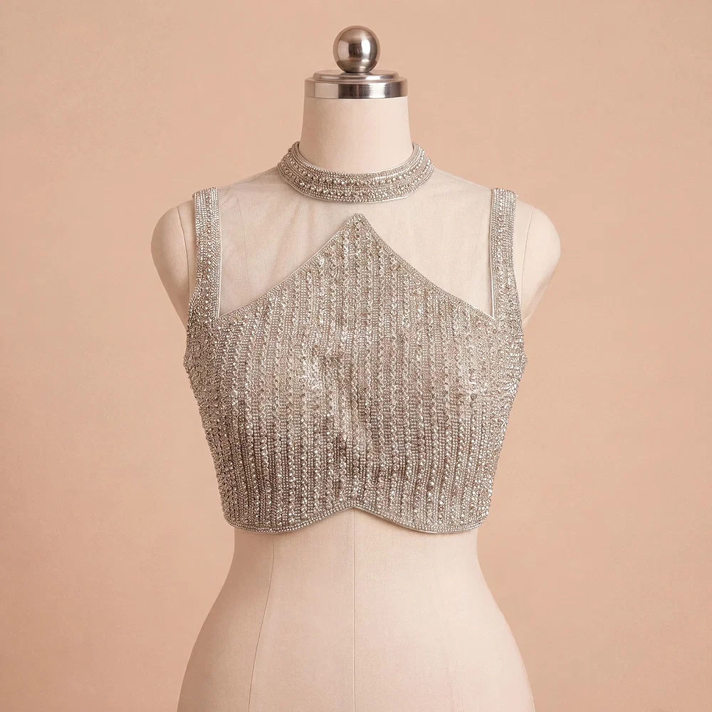 Handwork Net Heavy Silver Moti Blouse Halter Neck Partywear Blouse — view 4
