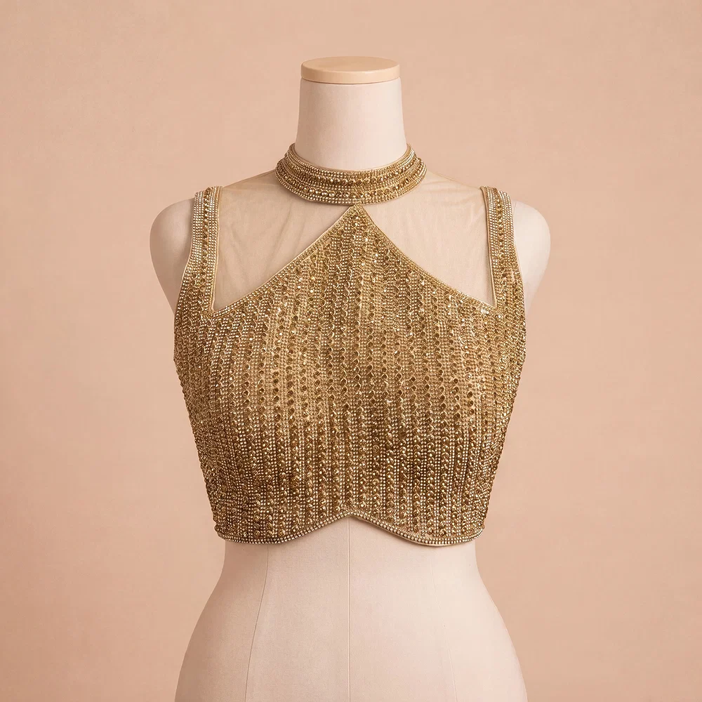 Handwork Net Heavy Gold Moti Blouse Halter Neck Partywear Blouse — view 2