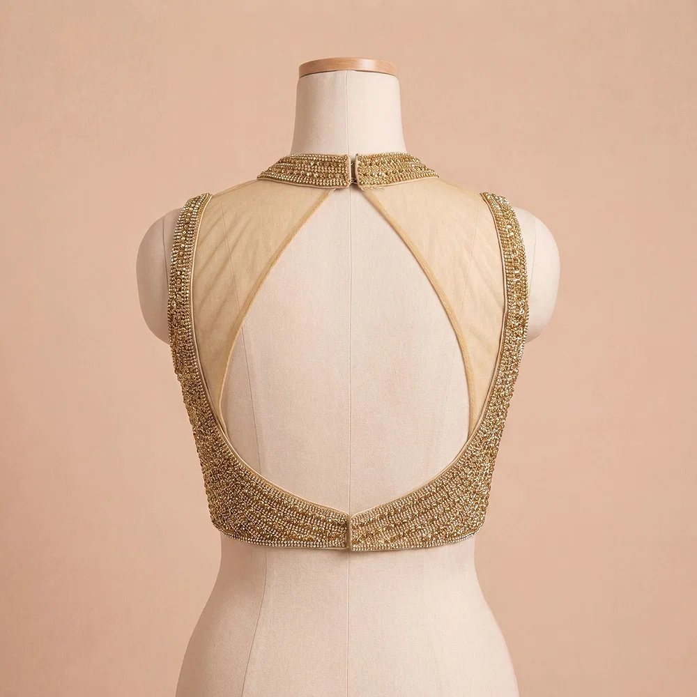 Handwork Net Heavy Gold Moti Blouse Halter Neck Partywear Blouse — view 4
