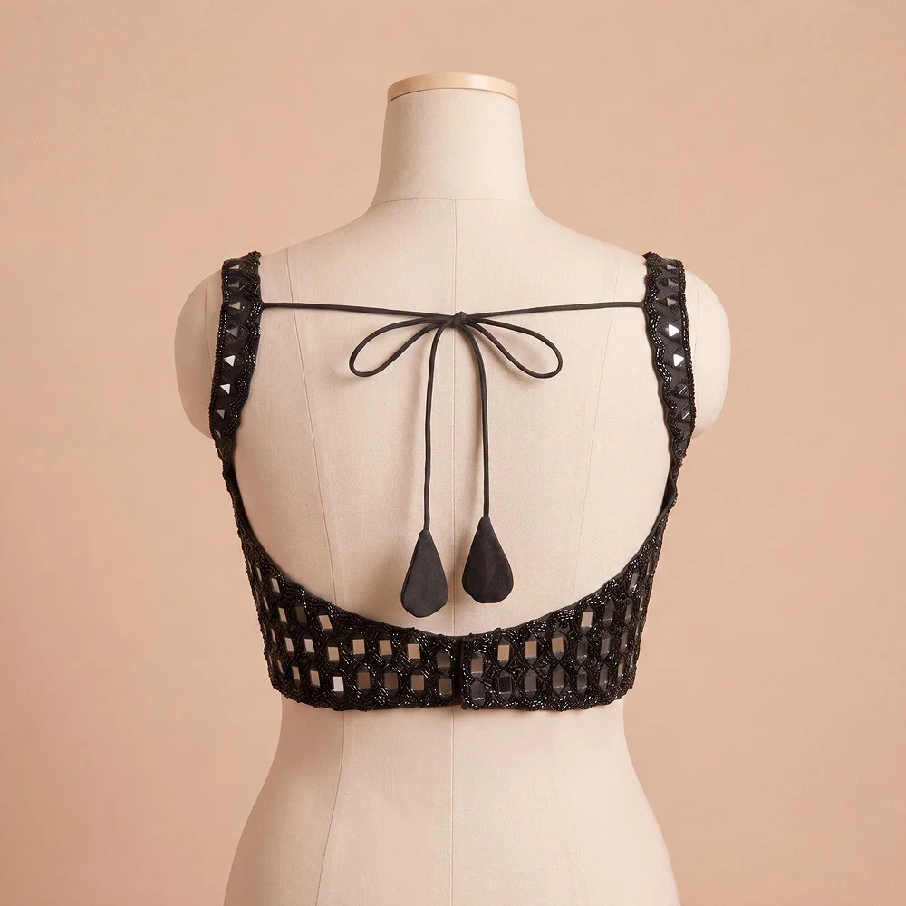 Black Handwork Raw Silk Blouse with Jari Mirror & Beads Work — view 4