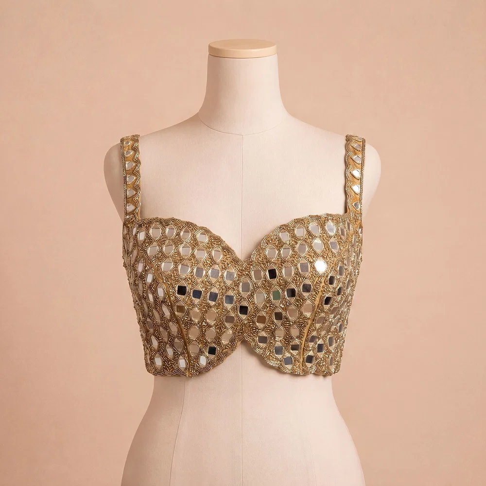 Gold Handwork Raw Silk Blouse with Jari Mirror Beads Work — view 2