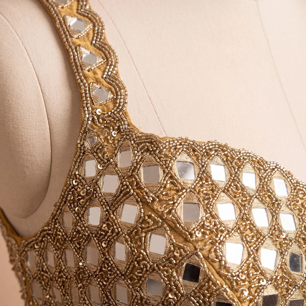 Gold Handwork Raw Silk Blouse with Jari Mirror Beads Work — view 3