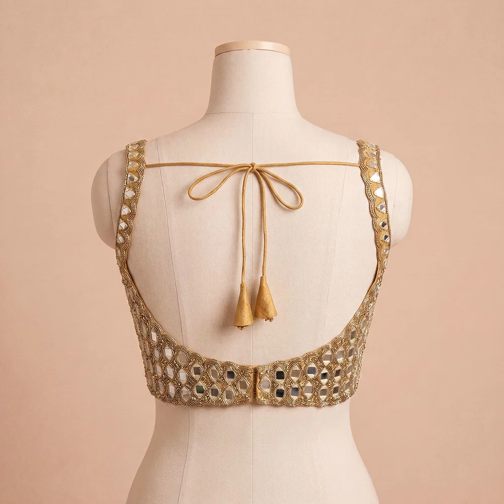 Gold Handwork Raw Silk Blouse with Jari Mirror Beads Work — view 4