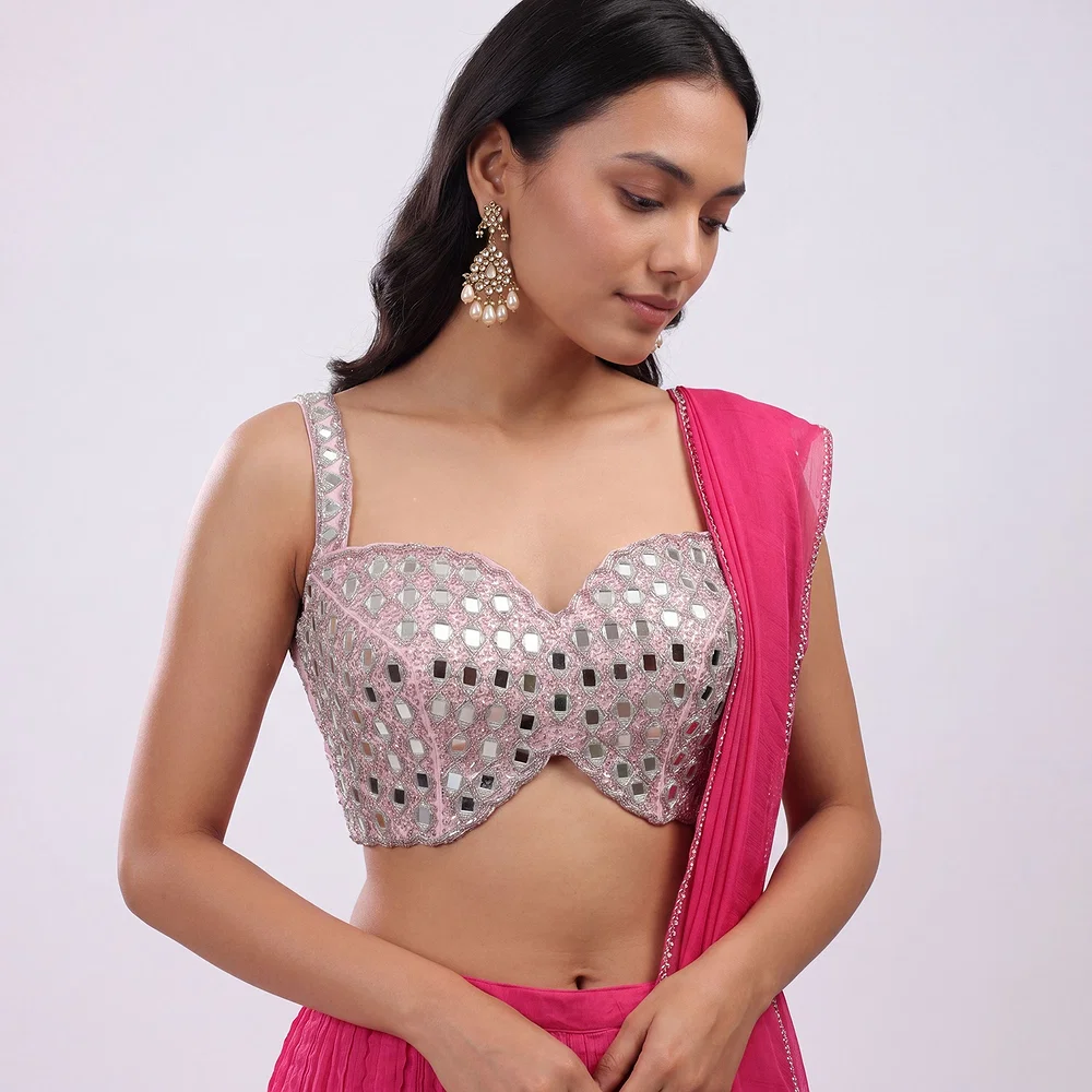 Pink Handwork Raw Silk Blouse with Jari Mirror Beads Work — view 1