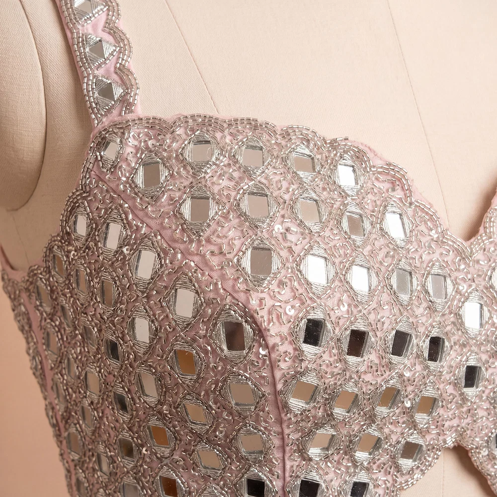 Pink Handwork Raw Silk Blouse with Jari Mirror Beads Work — view 3
