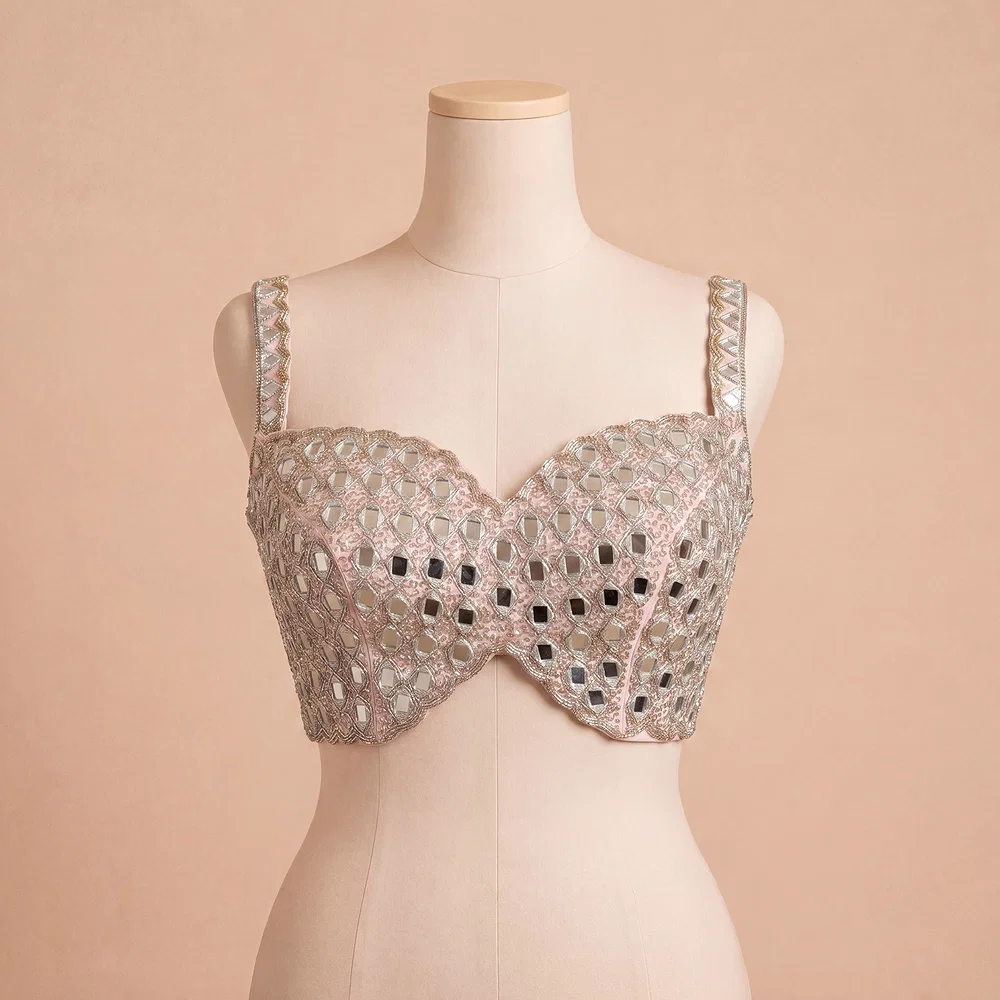 Pink Handwork Raw Silk Blouse with Jari Mirror Beads Work — view 2