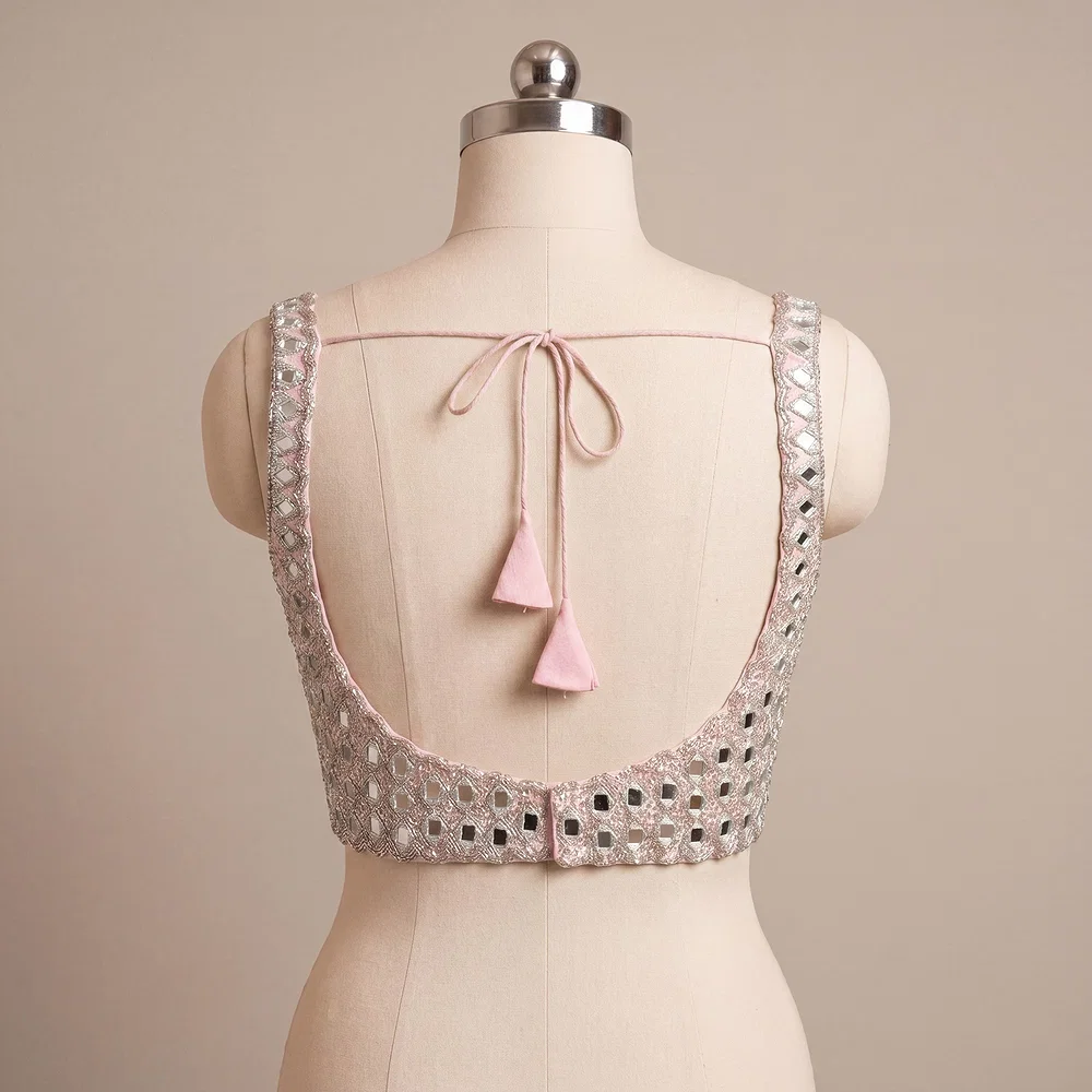 Pink Handwork Raw Silk Blouse with Jari Mirror Beads Work — view 4