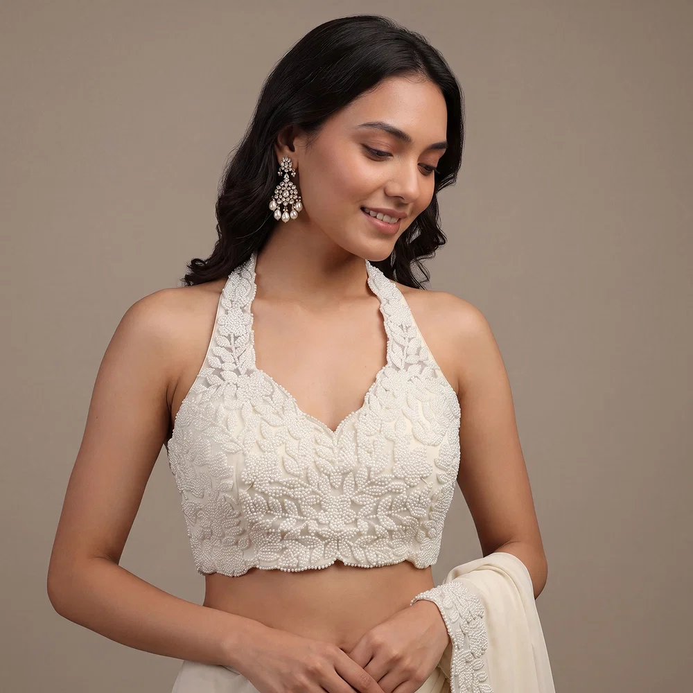 White Handwork Heavy Beads Premium Net Back Dori Blouse — view 1