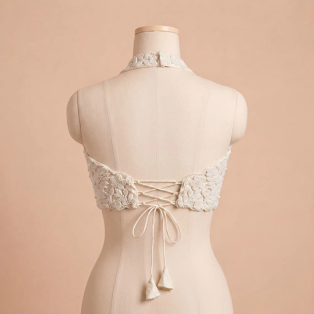 White Handwork Heavy Beads Premium Net Back Dori Blouse — view 4